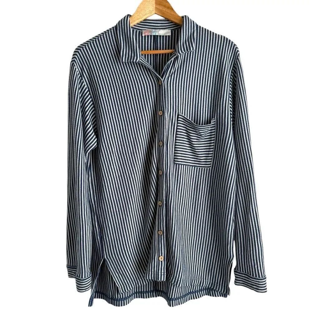 Free People Beach Blue and White Striped Jersey Knit Long Sleeve Shirt